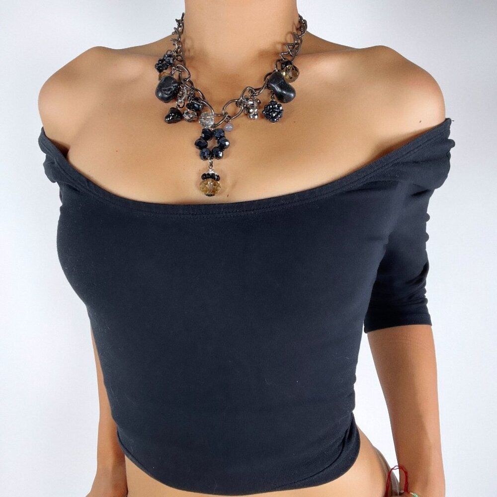 Vintage Y2k Black Floral Beaded Soft Grunge Necklace - Gothic Whimsygoth Jewelry 21$